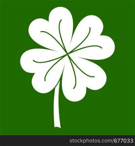 Clover leaf icon white isolated on green background. Vector illustration. Clover leaf icon green