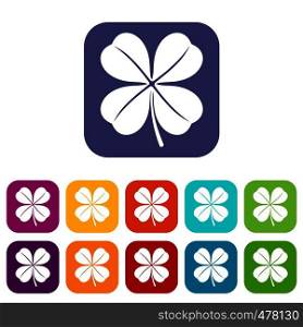 Clover leaf icons set vector illustration in flat style in colors red, blue, green, and other. Clover leaf icons set