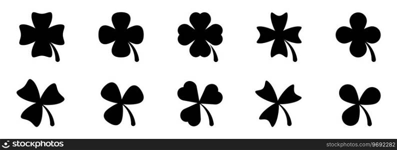 Clover leave icons collection. Flat black clover icons. Clover leaf vector icons. Four leaf clover icons. Clover silhouettes. Vector EPS 10