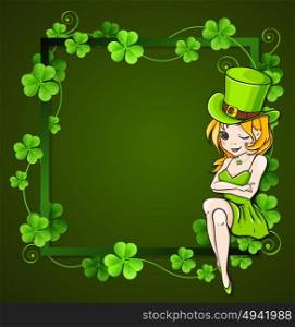 Clover leaves and girl in frame on a green background. Design for St. Patrick&rsquo;s day.