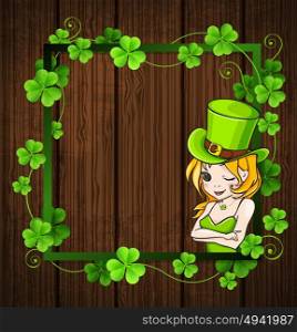 Clover leaves and girl in green frame on a wooden background. Design for St. Patrick&rsquo;s day.