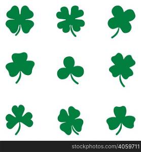 Clover Shamrock leaves vector set isolated on white background. Silhouettes of four and three leaf clover. Lucky leaf clover in flat style.