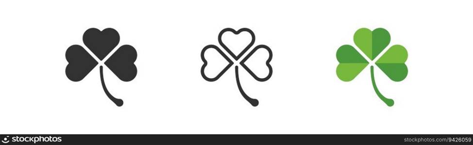 Clover with three leafs simple icon. St Patrick’s day, leprechaun symbols. Green lucky clover sign. Flat design. Vector illustration.