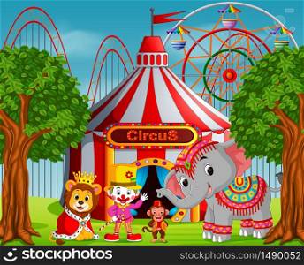 Clown and many animal with circus tent at amusement park
