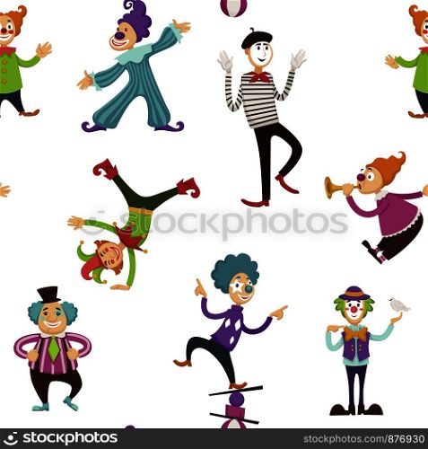 Clown and mime entertaining people seamless pattern vector. Entertainment at celebration events and holidays. Person with make up wearing costume playing trumpet, ball games and balancing trick. Clown and mime entertaining people seamless pattern vector