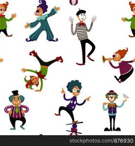 Clown and mime entertaining people seamless pattern vector. Entertainment at celebration events and holidays. Person with make up wearing costume playing trumpet, ball games and balancing trick. Clown and mime entertaining people seamless pattern vector