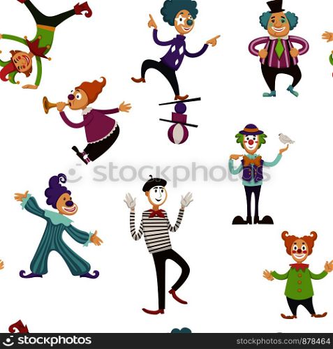 Clown and mime entertaining people seamless pattern vector. Entertainment at celebration events and holidays. Person with make up wearing costume playing trumpet, ball games and balancing trick. Clown and mime entertaining people seamless pattern vector.