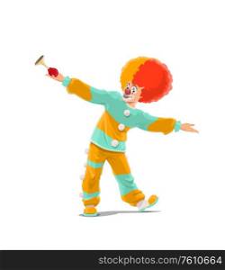 Clown, circus and big top chapiteau or shapito funfair carnival vector character. Big top circus cartoon clown in yellow and red wig costume with pipe horn or whistle, birthday party performer. Big top circus shapito clown with whistle horn