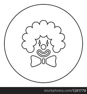 Clown face head with big bow and curly hair Circus carnival funny invite concept icon in circle round outline black color vector illustration flat style simple image. Clown face head with big bow and curly hair Circus carnival funny invite concept icon in circle round outline black color vector illustration flat style image