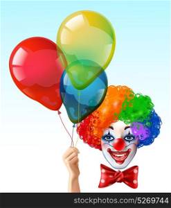 Clown Face With Balloons Bright Icon. Circus clown smiling face with bright three color wig and hand holding balloons realistic funny vector illustration