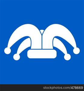 Clown hat icon white isolated on blue background vector illustration. Clown hat icon white