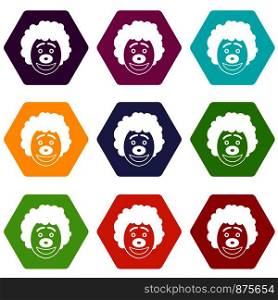 Clown head icon set many color hexahedron isolated on white vector illustration. Clown head icon set color hexahedron