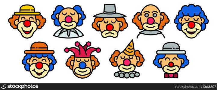 Clown icons set. Outline set of clown vector icons for web design isolated on white background. Clown icons set, outline style