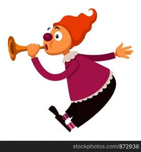 Clown in circus playing music on pipe flute. Vector cartoon character icon of clown in bright costume and color wig amusing for kid design. Clown in circus playing music in pipe vector cartoon character isolated icon