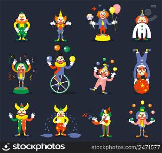 Clown vector characters set. Smile or cry, juggle performer, show carnival, comedian and joker illustration. Clown vector characters