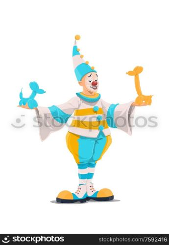 Clown with balloon animals, circus and funfair carnival cartoon character, vector icon. Clown in white, yellow and blue stripes costume with pom-pom holding balloon dogs. Circus clown in costume with balloon animals