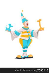 Clown with balloon animals, circus and funfair carnival cartoon character, vector icon. Clown in white, yellow and blue stripes costume with pom-pom holding balloon dogs. Circus clown in costume with balloon animals