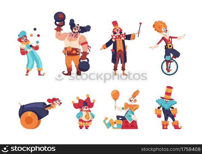 Clowns. Cartoon jokers and jesters comedians with funny faces. Isolated circus artists performing tricks. Cute jugglers entertaining children at birthday parties and carnival shows. Vector actors set. Clowns. Cartoon jokers and jesters comedians with funny faces. Circus artists performing tricks. Jugglers entertaining children at birthday parties and carnival shows. Vector actors set
