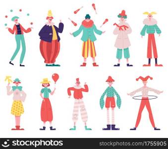 Clowns characters. Circus funny clowns with red nose and circus costume juggling and do tricks vector illustration set. Funny circus clowns with balloons and hoop, entertainment event. Clowns characters. Circus funny clowns with red nose and circus costume juggling and do tricks vector illustration set. Funny circus clowns