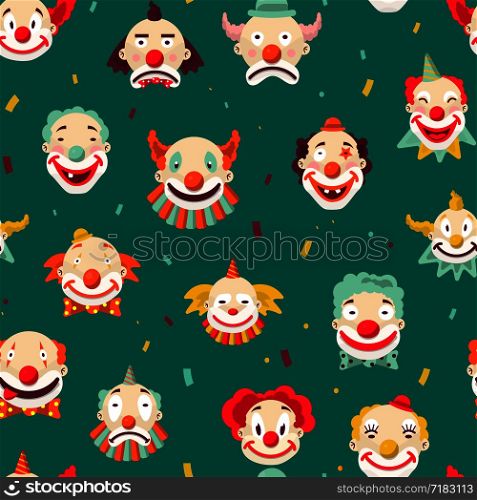Clowns entertaining people emotions of man seamless pattern on green background. Sad and cheerful, mime with make up and strange hairstyle vector. Angry and showing tongue, kind male performer. Clowns entertaining people emotions of man seamless pattern on green background.