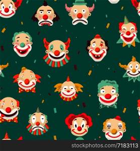 Clowns entertaining people emotions of man seamless pattern on green background. Sad and cheerful, mime with make up and strange hairstyle vector. Angry and showing tongue, kind male performer. Clowns entertaining people emotions of man seamless pattern on green background.