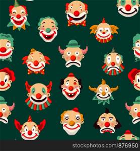 Clowns entertaining people emotions of man seamless pattern on green background. Sad and cheerful, mime with make up and strange hairstyle vector. Angry and showing tongue, kind male performer. Clowns entertaining people emotions of man pattern vector