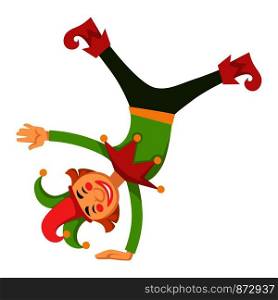 Clowns or jester harlequin in circus amusing or posing upside down head over heels. Vector cartoon character icon of jester clown in bright costume and cap with bells for kid design. Clown jester in circus amusing upside down vector cartoon character isolated icon
