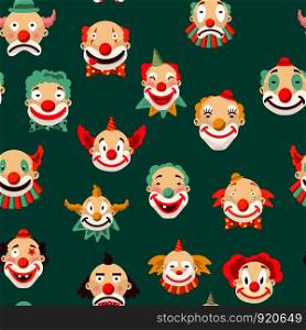 Clowns Sad and cheerful, entertaining people emotions of man seamless pattern on green background. mime with make up and strange hairstyle vector. Angry and showing tongue, kind male performer. Clowns entertaining people emotions of man seamless pattern on green background.