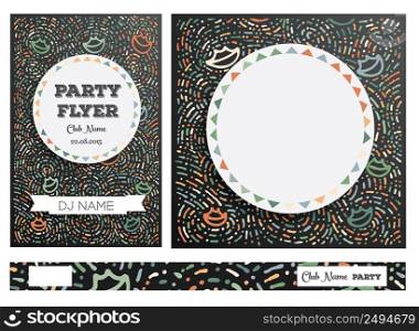 Club Flyers with copy space and hand drawn abstract background. Vector illustration. Set with vintage pattern with lips and outline ornament.