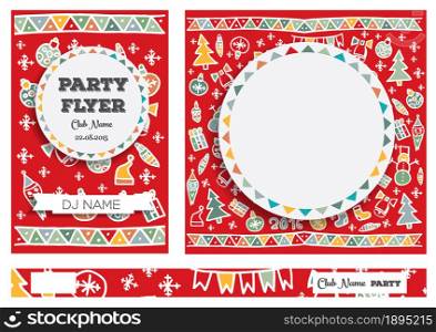 Club Flyers with copy space and hand drawn abstract christmas background. Vector illustration. Christmas set. New year concept