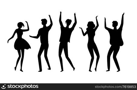 Clubbers vector, silhouette of isolated people having fun in clubs, dancers flat style man and woman moving bodies and raising hands up partying youth. Disco Dancers Silhouettes of People in Nightclub