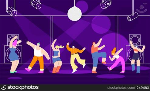 Clubbing Dancing Cartoon Disco People on Bright Stage in Nightclub Dance Floor in Vector Style Design DJ Party Music Nightlife Youth Event Flat Illustration Happy Woman Man on Scene under Disco Lights. Disco People Banner Template Nightclub Design
