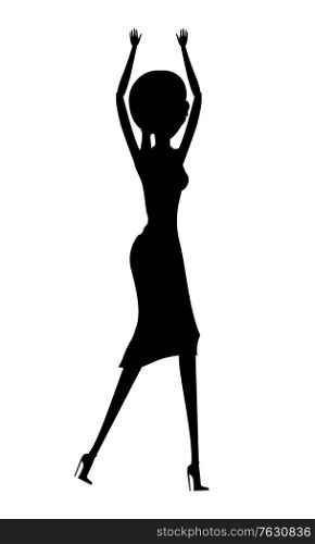 Clubbing woman black silhouette vector on white background, isolated lady dancing alone. Female energetic personage in club, nightlife of person, nightclub relaxation rest. Dancing Woman Silhouette, Lady in Nightclub Vector