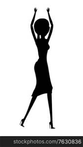 Clubbing woman black silhouette vector on white background, isolated lady dancing alone. Female energetic personage in club, nightlife of person, nightclub relaxation rest. Dancing Woman Silhouette, Lady in Nightclub Vector