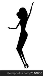 Clubbing woman silhouette vector, isolated lady dancing alone. Female energetic personage in club, nightlife of person, nightclub relaxation rest. Dancing Woman Silhouette, Lady in Nightclub Vector