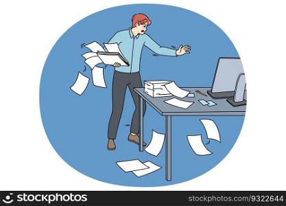 Clumsy employee collect scattered paperwork in office. Awkward tired male worker manage paper documents at workplace. Mess and chaos at work. Flat vector illustration.. Clumsy employee collect paperwork in office