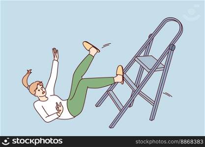 Clumsy woman falls off stepladder during repairs and risks injury and hospitalization with fracture. Concept violation of safety rules when using stairs leading to accident. Flat vector design . Clumsy woman falls off stepladder during repairs and risks injury and hospitalization. Vector image