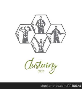 Cluster, data, system, technology, human concept. Hand drawn men in cells concept sketch. Isolated vector illustration.. Cluster, data, system, technology, human concept. Hand drawn isolated vector.