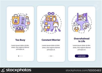 Clutter personality types onboarding mobile app page screen with concepts. Category definition walkthrough 3 steps graphic instructions. UI vector template with RGB color illustrations. Clutter personality types onboarding mobile app page screen with concepts