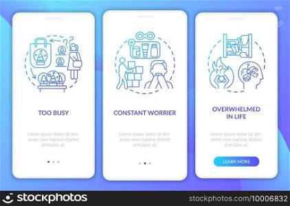 Clutter personality types onboarding mobile app page screen with concepts. Overwhelmend in life walkthrough 3 steps graphic instructions. UI vector template with RGB color illustrations. Clutter personality types onboarding mobile app page screen with concepts