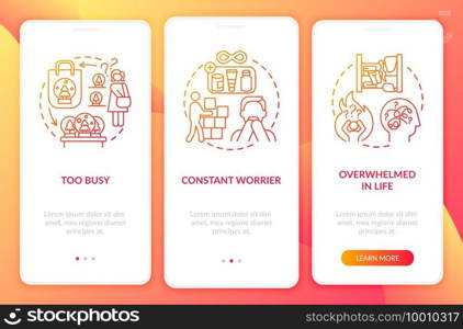 Clutter personality types onboarding mobile app page screen with concepts. Constant worrier walkthrough 3 steps graphic instructions. UI vector template with RGB color illustrations. Clutter personality types onboarding mobile app page screen with concepts