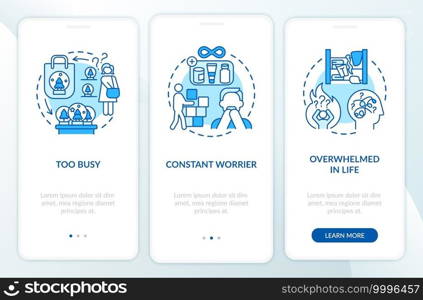Clutter personality types onboarding mobile app page screen with concepts. Too busy person walkthrough 3 steps graphic instructions. UI vector template with RGB color illustrations. Clutter personality types onboarding mobile app page screen with concepts