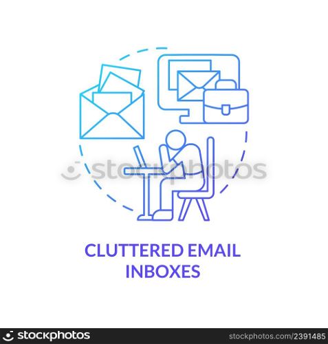 Cluttered email inboxes blue gradient concept icon. System notifications. Disadvantage of online collaboration abstract idea thin line illustration. Isolated outline drawing. Myriad Pro-Bold font used. Cluttered email inboxes blue gradient concept icon