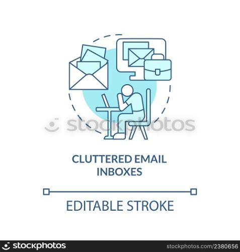 Cluttered email inboxes turquoise concept icon. Disadvantage of online collaboration abstract idea thin line illustration. Isolated outline drawing. Editable stroke. Arial, Myriad Pro-Bold fonts used. Cluttered email inboxes turquoise concept icon