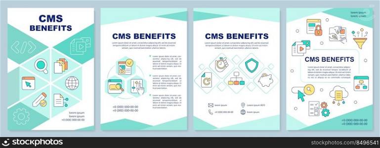 CMS benefits mint brochure template. Website development. Leaflet design with linear icons. Editable 4 vector layouts for presentation, annual reports. Arial-Black, Myriad Pro-Regular fonts used. CMS benefits mint brochure template
