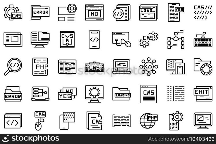 Cms development icons set outline vector. Data code. Design application. Cms development icons set outline vector. Data code