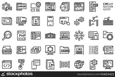 Cms development icons set outline vector. Data code. Design application. Cms development icons set outline vector. Data code