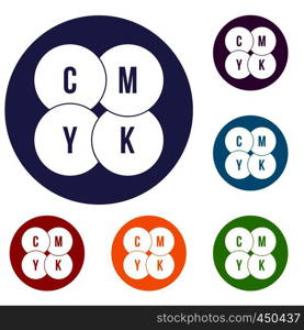 CMYK circles icons set in flat circle reb, blue and green color for web. CMYK circles icons set