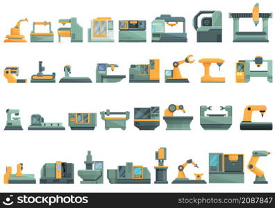 Cnc machine icons set cartoon vector. Mill controller. Industrial tool. Cnc machine icons set cartoon vector. Mill controller