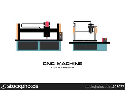 CNC MACHINE, milling router in light color theme with text. Full name is Computer numerical control. These machine use in factory of art and decoration industry. Vector illustration with layers.